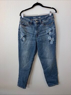 Old Navy Women's Blue Denim, High Rise , OG Straight Jeans with Flower Appliqués